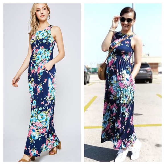 Dresses & Skirts - LAST 2 - Navy Floral Print Maxi Dress With Pockets Dresses & Skirts - LAST 2 - Navy Floral Print Maxi Dress With Pockets
